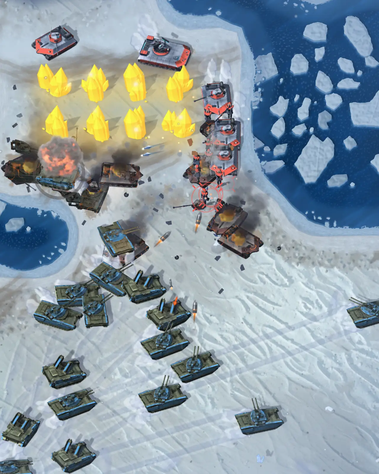 A battle on an icy shore, seen from above. Olive tanks with blue trim climb the snow toward a field of glowing gold crystals, where white tanks with red armour plates and red-suited infantry hold its right edge. An orange blast blooms over burning hulks at the field's lower edge, more wrecks smoke beside the white tanks, rockets streak between the armies, and dark blue water full of white ice floes runs along the shore.