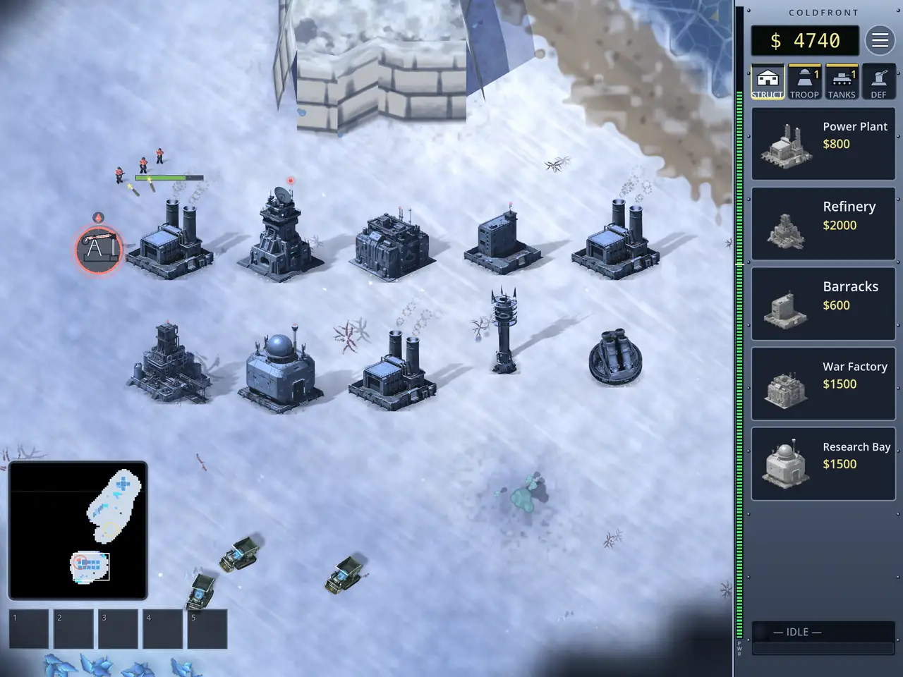 The same game in an iPad’s squarer shape. Ten grey-steel buildings stand in two rows on a snowfield under a pale ice wall, each throwing a long shadow; three olive harvesters drive up from a patch of blue ore at the bottom edge; two soldiers and a red alert ring sit off to the left; and the sidebar down the right reads $4740 over the STRUCT tab with Power Plant $800, Refinery $2000, Barracks $600, War Factory $1500 and Research Bay $1500 all affordable, and a small queue badge on each of the TROOP and TANKS tabs.