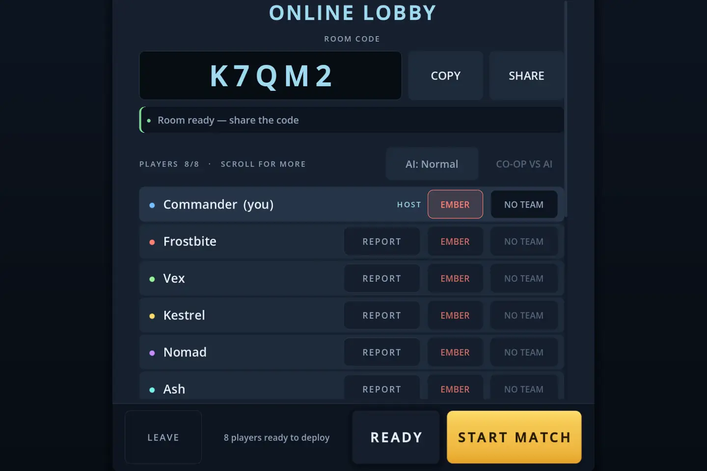 The online lobby: a room code reading K7QM2 with COPY and SHARE beside it, a status line reading “Room ready — share the code”, and a roster headed “PLAYERS 8/8 · SCROLL FOR MORE” with AI difficulty and CO-OP VS AI controls beside it. The host’s own row is marked HOST and carries a faction and a team button; every other row adds a REPORT button. The bottom bar reads LEAVE, “8 players ready to deploy”, READY and START MATCH.