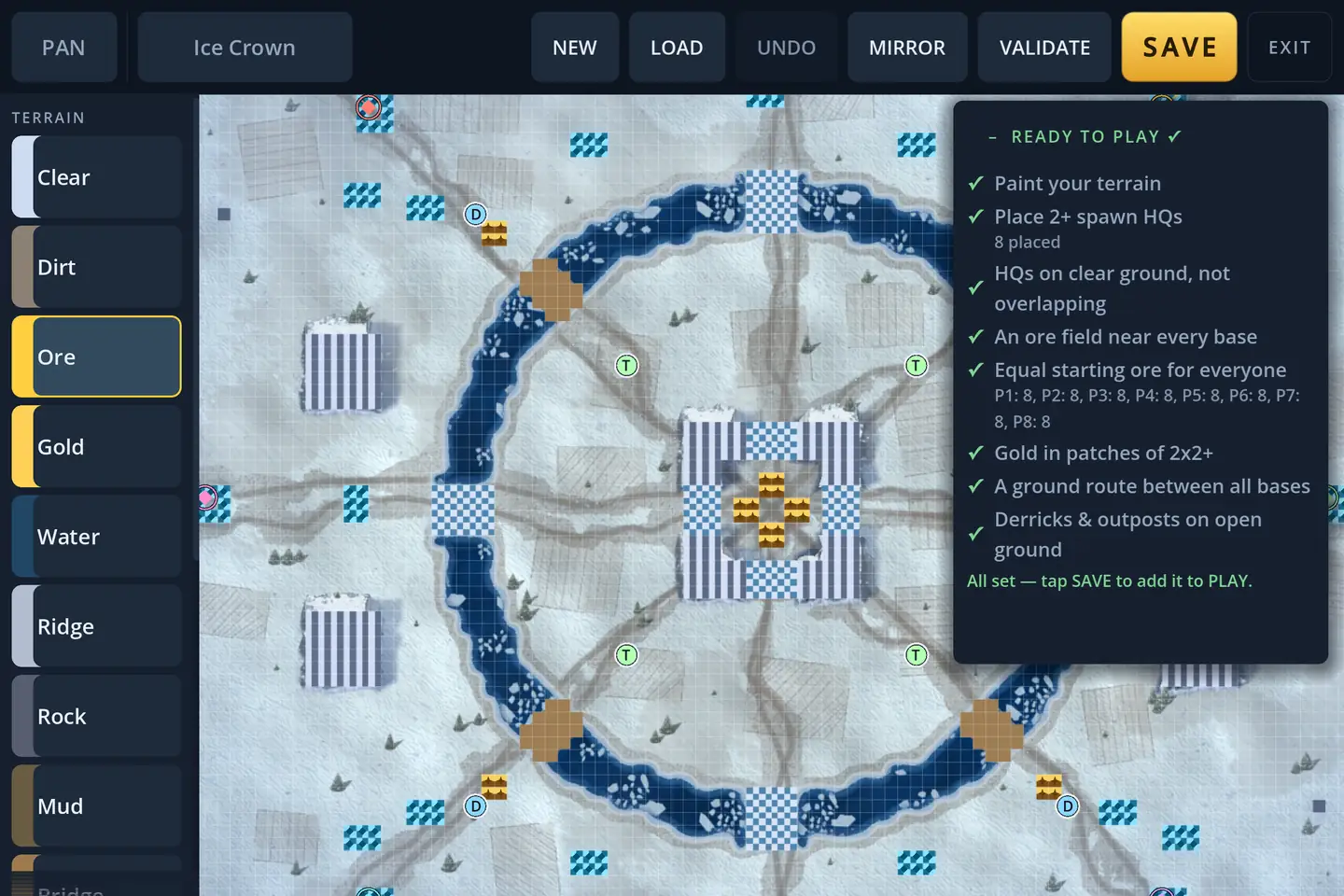 The in-game map editor. A toolbar reads PAN, Ice Crown, NEW, LOAD, UNDO, MIRROR, VALIDATE, SAVE and EXIT; a terrain palette down the left lists Clear, Dirt, Ore, Gold, Water, Ridge, Rock and Mud, with Ore selected. The canvas shows a snowy map ringed by a frozen river with checkered crossings, striped field plots, gold at the centre and lettered markers, and a checklist card headed READY TO PLAY has every line ticked, ending “All set — tap SAVE to add it to PLAY.”