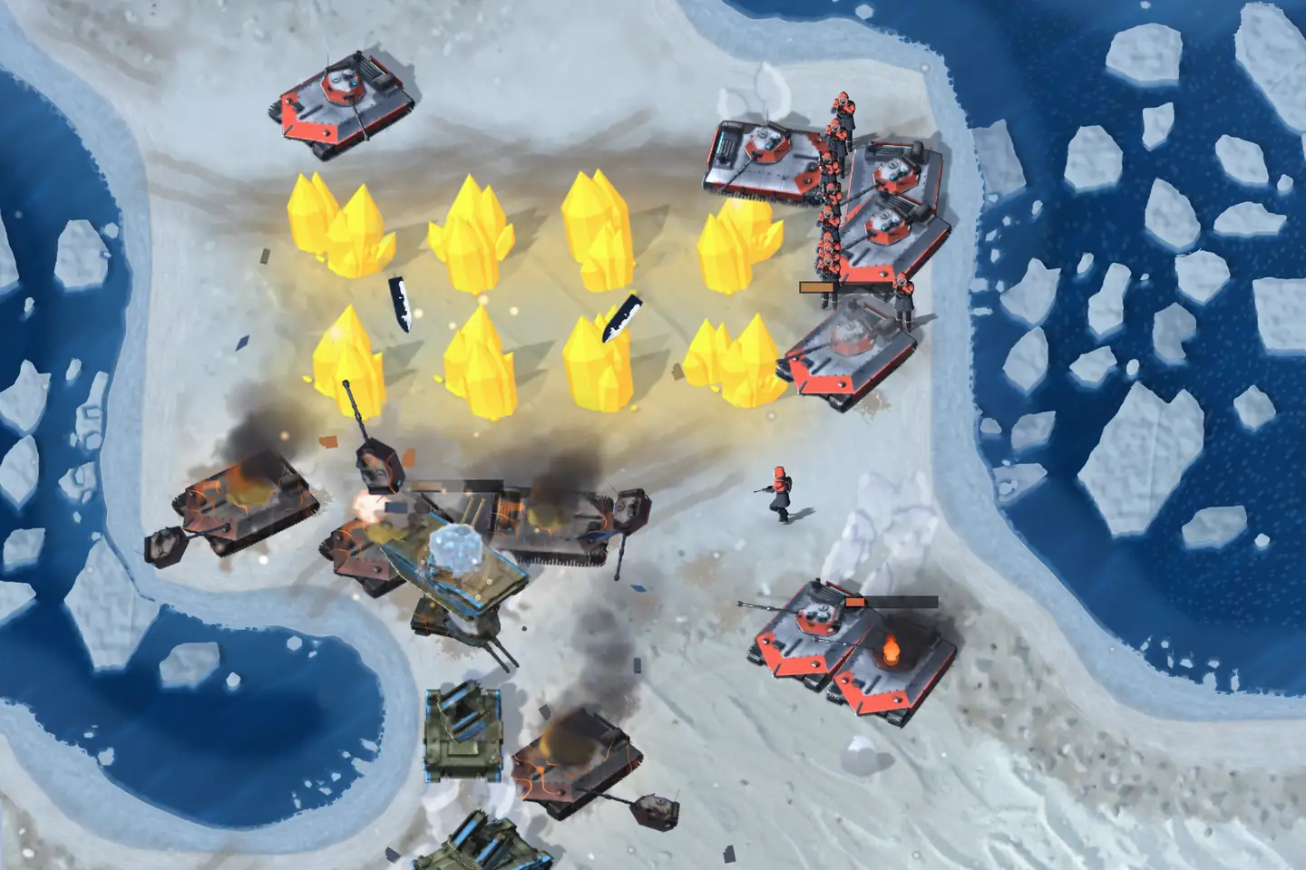 Close combat on snow, seen from above. White tanks with red armour plates and a file of red-suited infantry hold a field of glowing gold crystals; olive tanks with blue trim push in from below, and blackened hulks burn and smoke at the field's edge. Dark blue water full of white ice floes surrounds the shore.